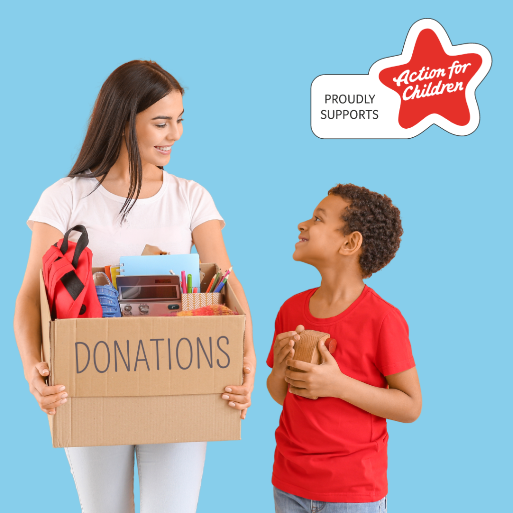 A woman and child holding donations including action for children logo